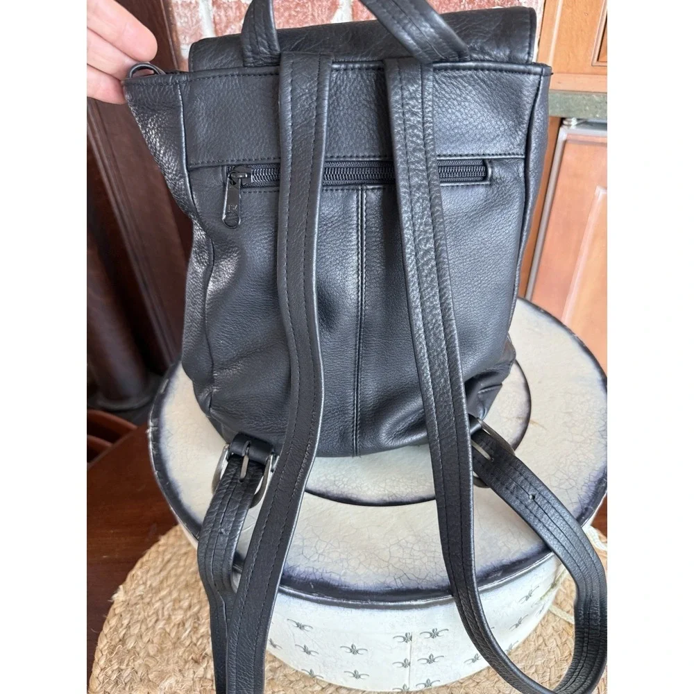 Tignanello Black Leather Sling Backpack‎ Day Pack Handbag Purse Adj Strap
